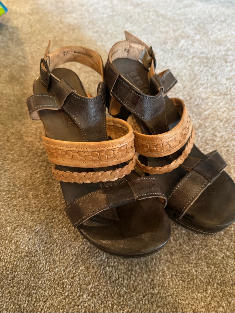 Bed Stu Two-Tone Brown Leather Braided Strap Wedges